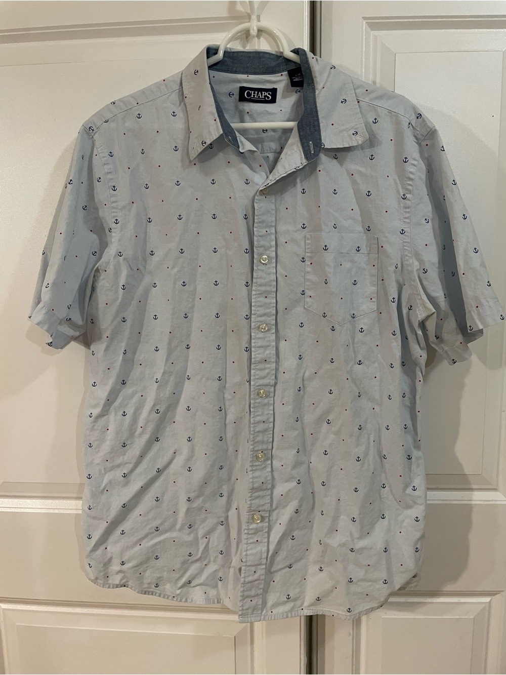 Chaps Light Blue Short-Sleeve Button-Down with Anchor Print 100% Size Large #43